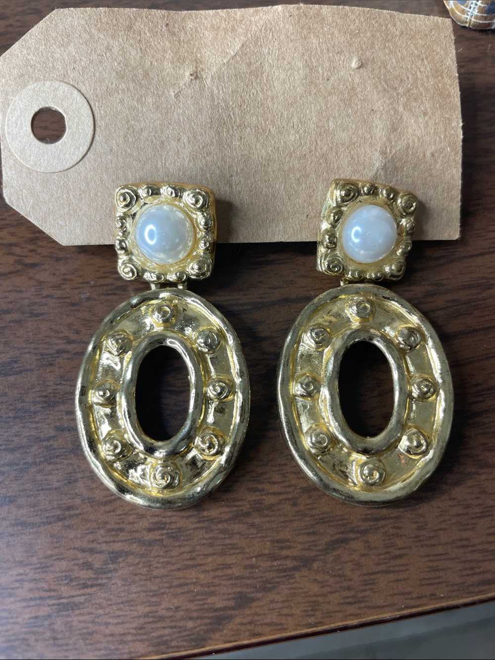 Gold Oval Drop Earrings with Pearl Accent - Women Jewelry